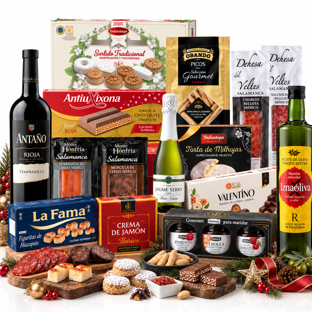 Cesta de Navidad Premium Familycom. Lote Gourmet con Ibéricos de regalo. Empresa y Particular. Surtido de Turrón, Mantecados, Vino, Embutidos, Bombones, Aceite De Oliva Virgen.
