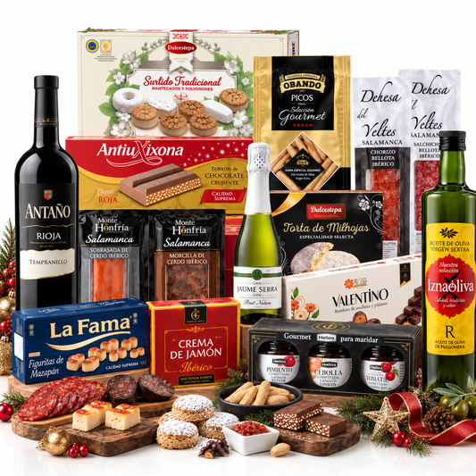 Cesta de Navidad Premium Familycom. Lote Gourmet con Ibéricos de regalo. Empresa y Particular. Surtido de Turrón, Mantecados, Vino, Embutidos, Bombones, Aceite De Oliva Virgen.
