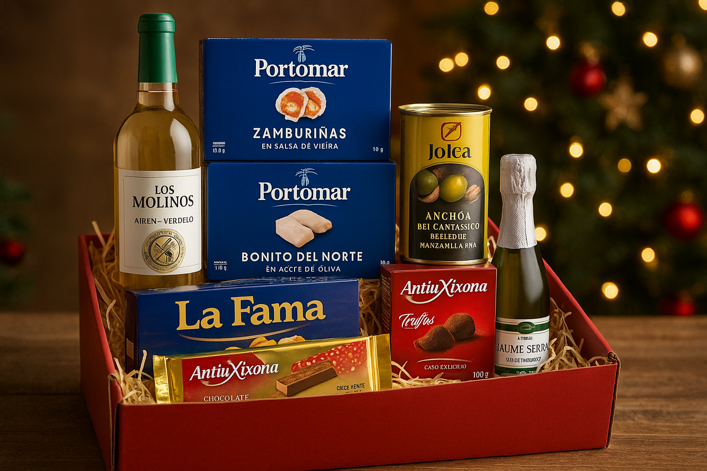 Cesta Gourmet de Navidad Portomar, con Zamburiñas, Bonito del Norte, Mejillones, Vino blanco y Dulces Navideños
