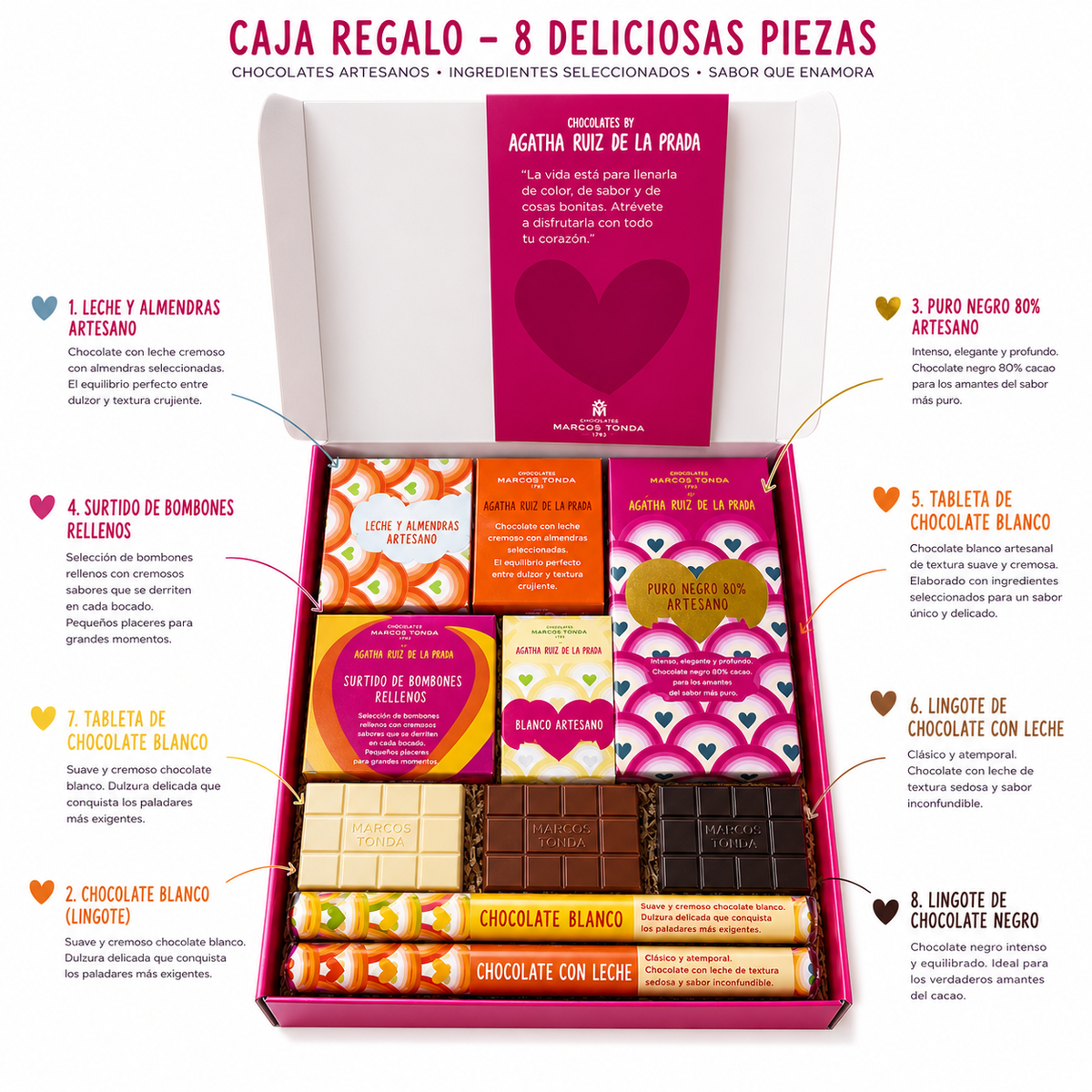 Caja Regalo Original - Cesta Gourmet de Chocolates para Regalar - Selección gourmet de 8 chocolates Premium: Surtido Bombones, Chocolates Blanco, negro, con Leche - Regalos originales Premium