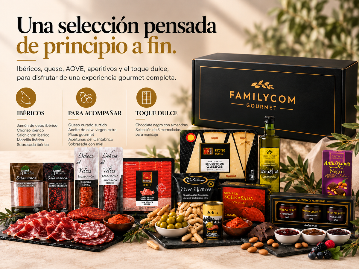 Cesta Gourmet para regalar - Lote gourmet con Ibéricos de regalo - Surtido de Bombones, chocolate, Embutidos, Aceite De Oliva Virgen - Regalos originales para El, Ella - Sin Alcohol