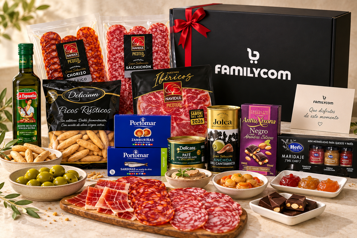 Cesta Gourmet sin Alcohol con Ibericos, chocolates, conservas, AOVE y picos.