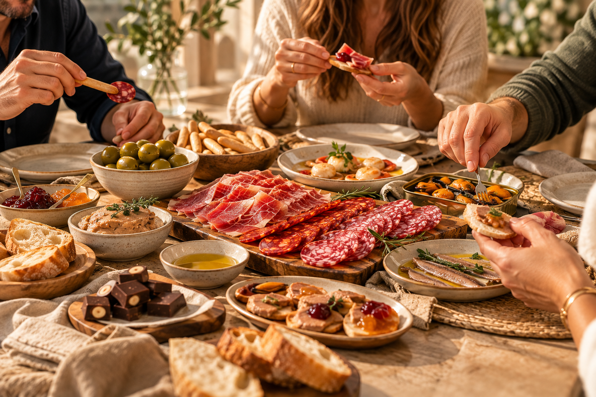 Cesta Gourmet sin Alcohol con Ibericos, chocolates, conservas, AOVE y picos.