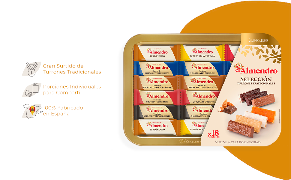 Bandeja con Selección de Turrones Tradicionales El Almendro, Turrón Tradicional con Miel y Almendras Seleccionadas, Receta Tradicional Desde 1880, 18 Turrones Envasados Individualmente, 400 Gramos