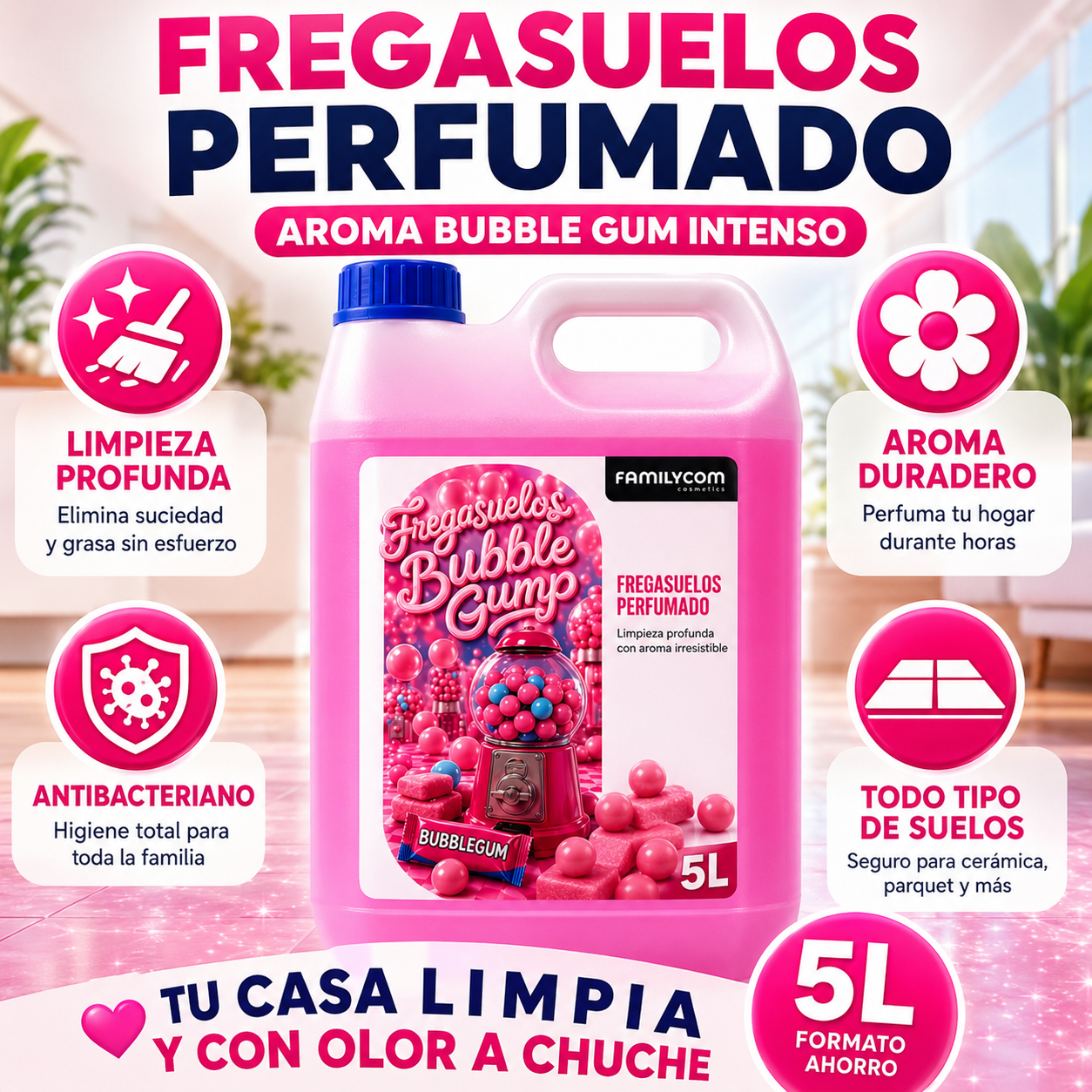 Fregasuelos Concentrado Perfumado Duradero Aroma Chicle Bubble Gum - Limpieza, Brillo e Higiene - Limpiasuelos pH Neutro para Todo Tipo de Suelos y Superficies Delicadas - 5 Litros