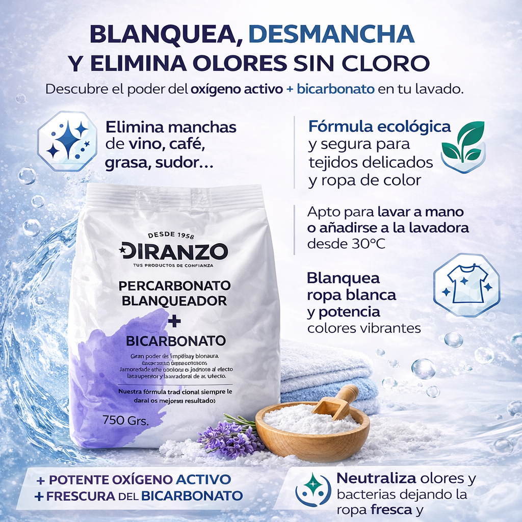 Percarbonato Blanqueador Diranzo 750g. 100% Puro, Quitamanchas, Higienizante.