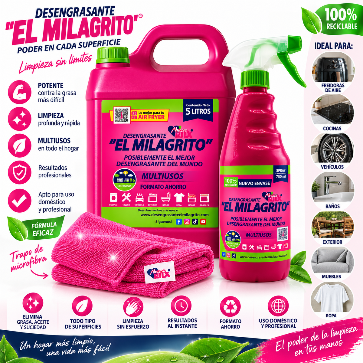 Pack Desengrasante el milagrito con trapo microfibra 5L + 750ml