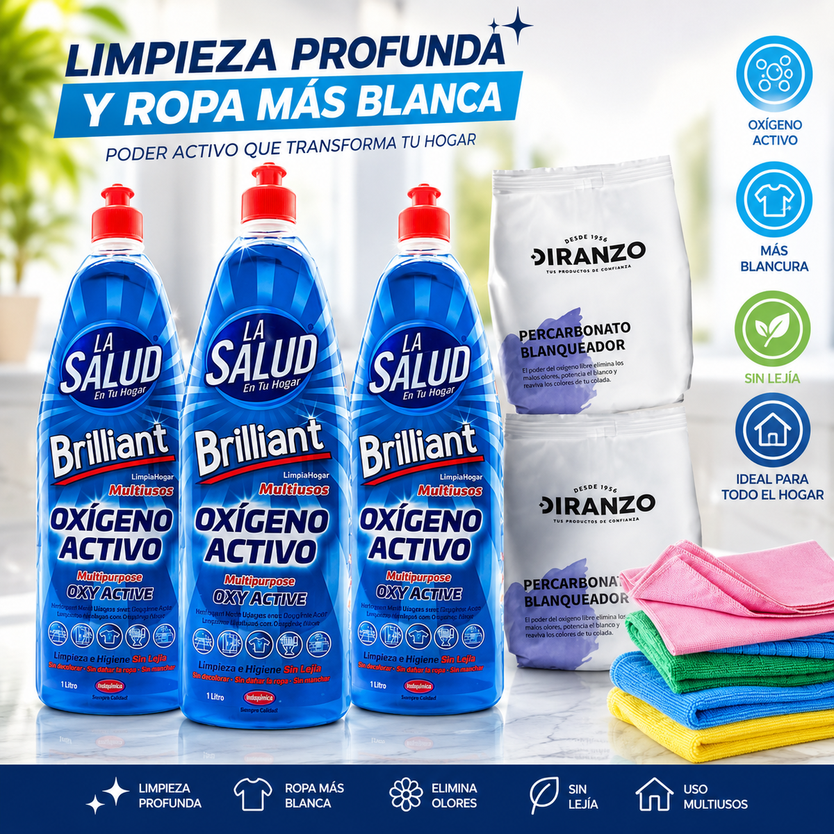 Pack 2 Percarbonato Blanqueador Diranzo 750 gr + 3 Oxigeno Activo La Salud 1000 ml + 1 Paño Microfibra. Quitamanchas, Blanqueante y Elimina Olores y Grasa.