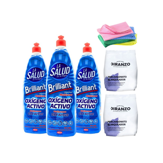Pack 2 Percarbonato Blanqueador Diranzo 750 gr + 3 Oxigeno Activo La Salud 1000 ml + 1 Paño Microfibra. Quitamanchas, Blanqueante y Elimina Olores y Grasa.