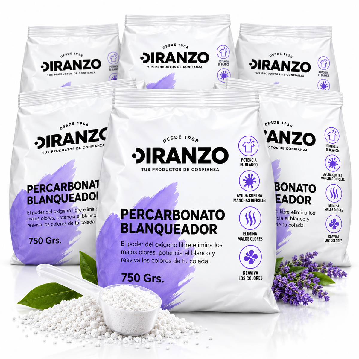 Percarbonato Blanqueador Diranzo Pack 6 unidades. 750g x 6. Total 4,5 Kg. Quitamanchas, Blanqueante y Elimina Olores y Grasa.