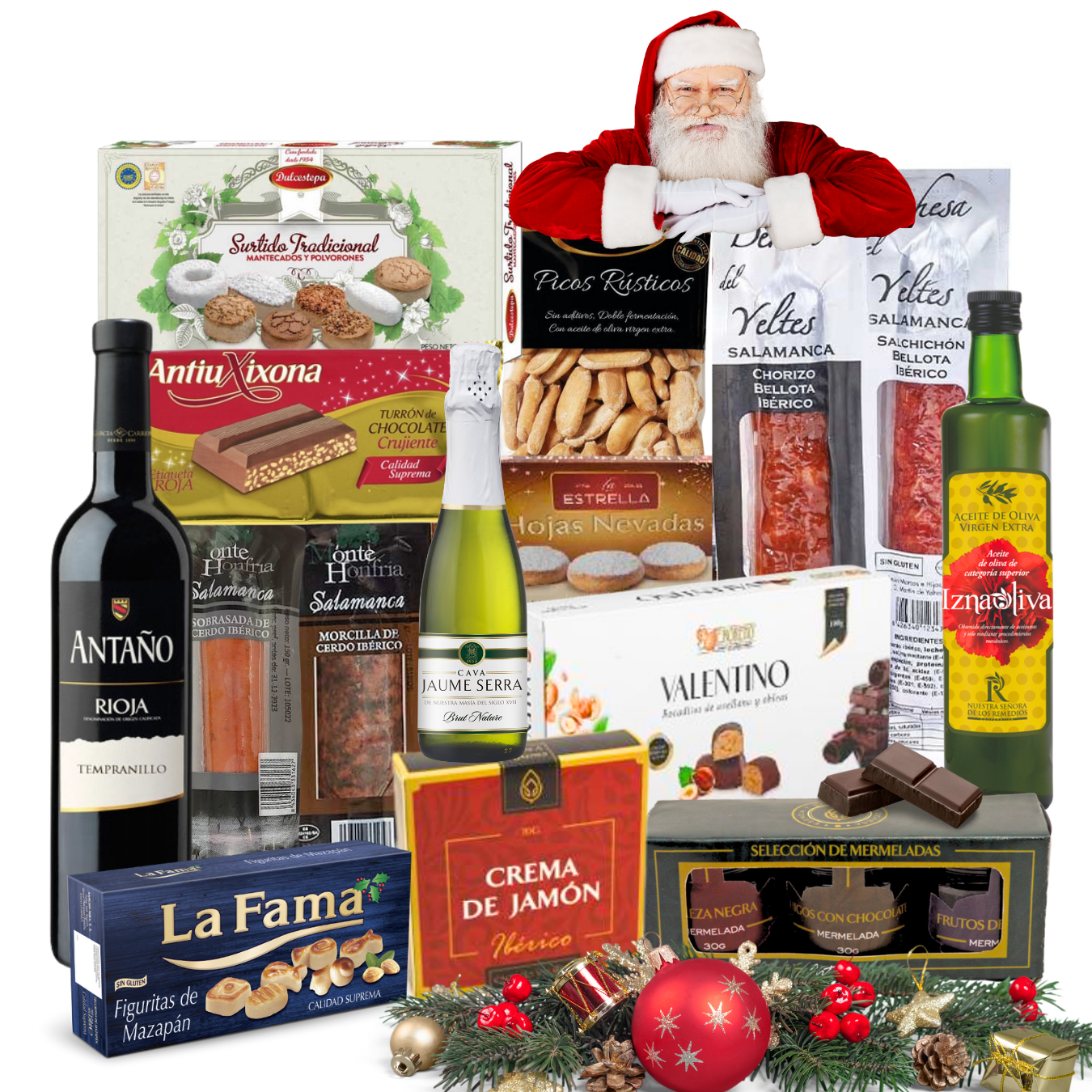 Cesta de Navidad Premium Familycom. Lote Gourmet con Ibéricos de regalo. Empresa y Particular. Surtido de Turrón, Mantecados, Vino, Embutidos, Bombones, Aceite De Oliva Virgen.