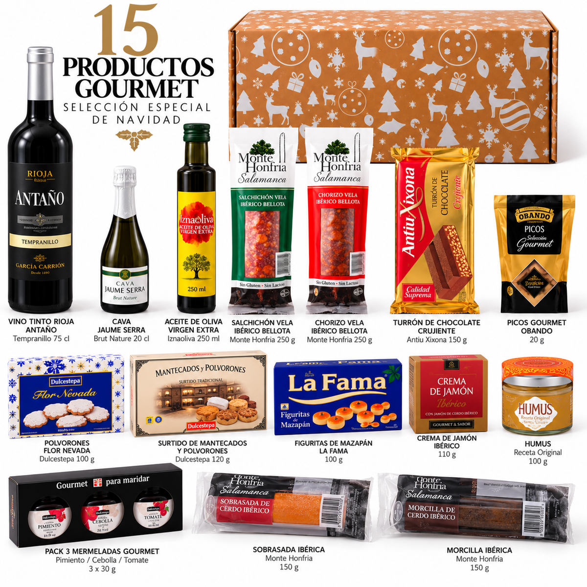 Cesta de Navidad  para regalar. Lote Gourmet con Ibéricos de regalo. Empresa y Particular. Surtido de Turrones, Mantecados, Vino, Embutidos,
