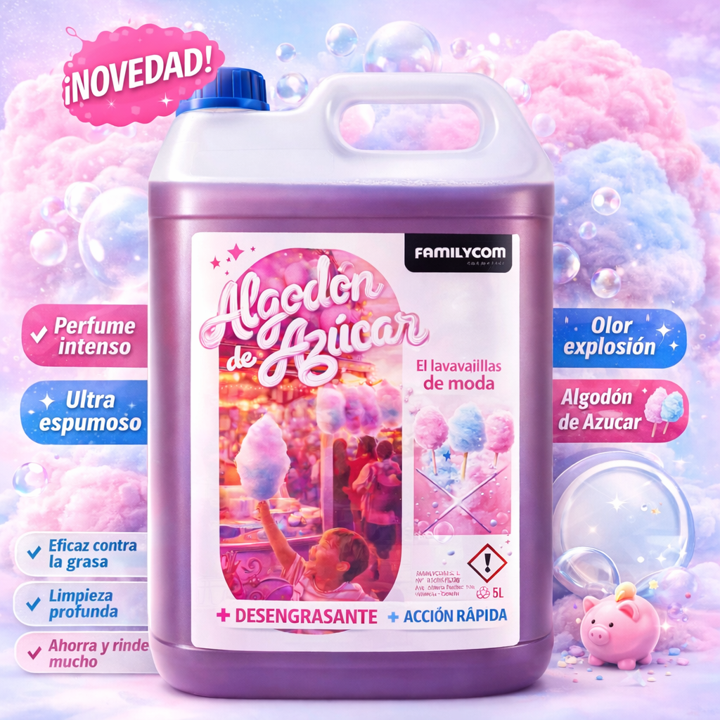 Lavavajillas a Mano 5L Algodón de Azúcar – Detergente Platos Ultra Espumoso, Desengrasante Potente, Perfume Intenso Duradero – Limpieza Profunda Cocina