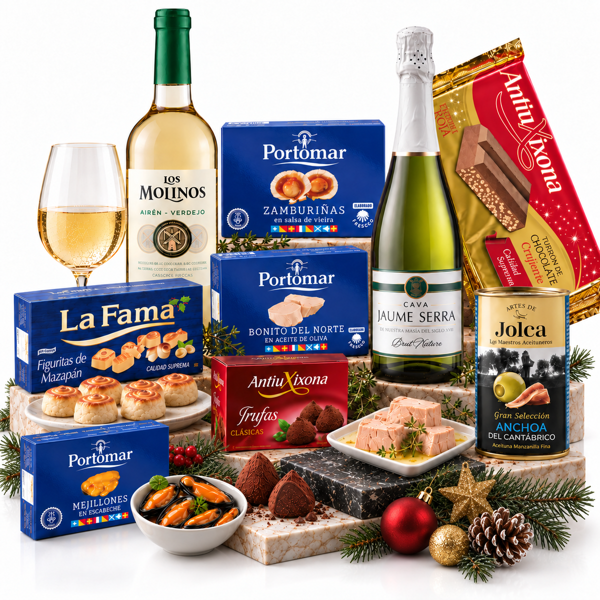 Cesta Gourmet de Navidad Portomar, con Zamburiñas, Bonito del Norte, Mejillones, Vino blanco y Dulces Navideños
