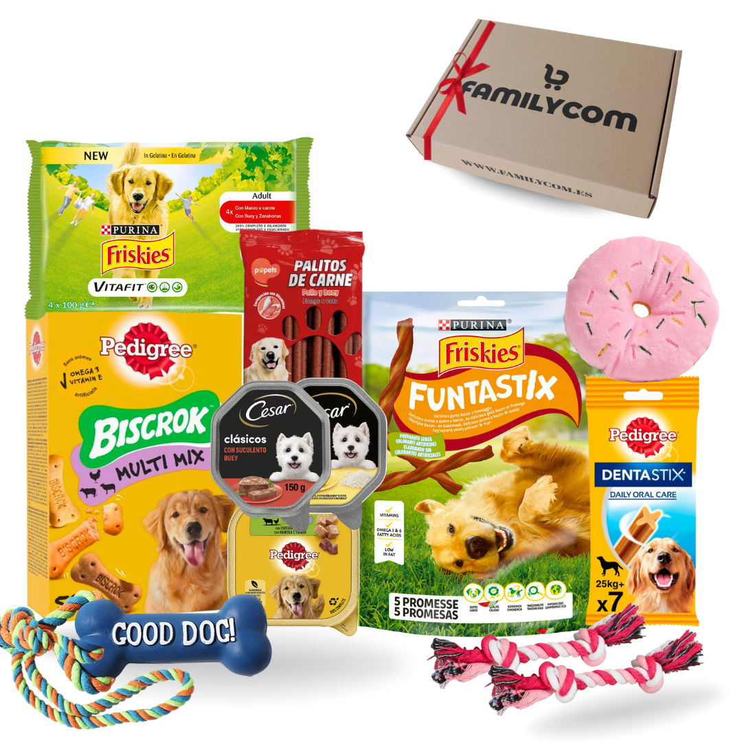 Caja Gourmet para Perros Navidad – Cesta de Regalo Friskies con Snacks Naturales, Golosinas Premium y Juguetes – Pienso y Chuches para Mascotas