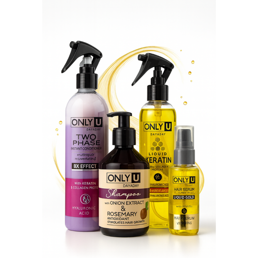 Tratamiento Perfeccionador Capilar. Champú con Extracto de Cebolla + Bifásico Hidratante Nutritivo + Queratina Líquida + Sérum de Argán & Jojoba – Antioxidante, Reparador, Brillo y Fuerza